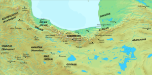 نقشه مناطق شورشی در زمان خسرو پرویز. نکته جالب وجود رودخانه و دریاچه های فراوان در کویر مرکزی ایران است